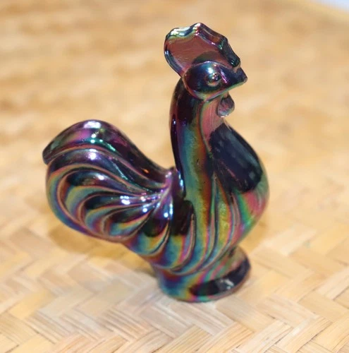 FENTON Rooster Carnival Glass 2.75” Tall Figurine Iridescent Purple USA