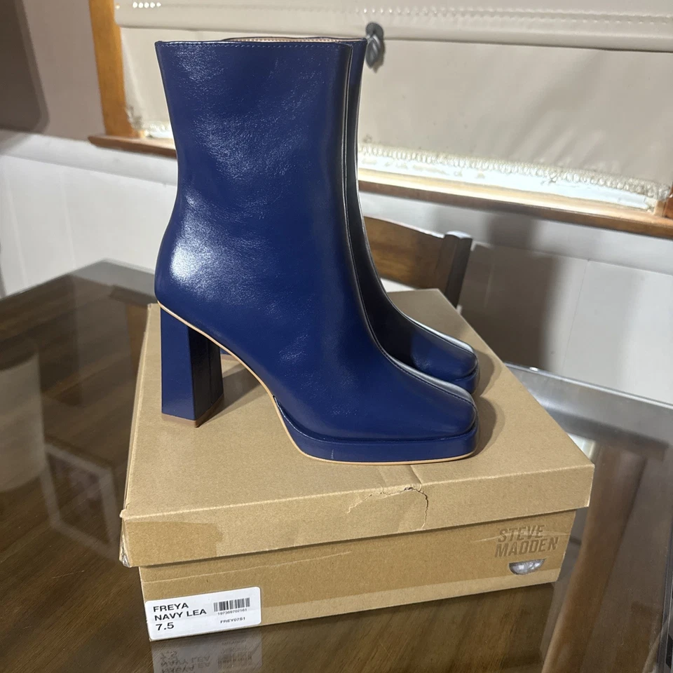 Steve Madden Freya Mujer Azul Cuero Puntera Cuadrada Cremallera Tacón Botas 7 1/2 Foto 4 de 4