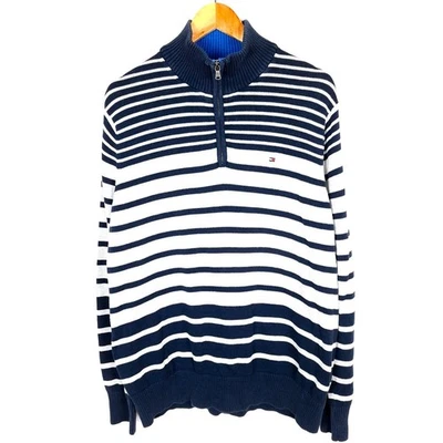 Pull homme Tommy Hilfiger taille XL demi-fermeture éclair bleu rayé faux col ... - Photo 1/4