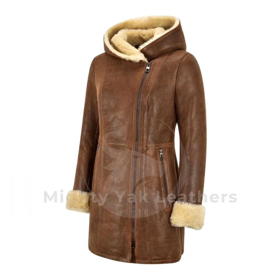 Chaqueta de cuero de oveja real marrón para mujer Abrigo con capucha de invierno de piel de oveja Foto 3 de 4