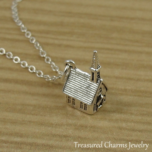 Silver Church Charm Necklace Wedding Chapel Religious Pendant Jewelry