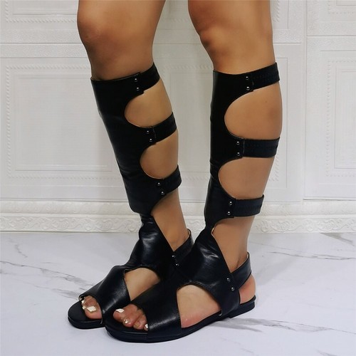 Women's Gladiator Hollow Out Knee High Boots Open Toe Flats Summer Roman Sandals - Picture 6 of 12