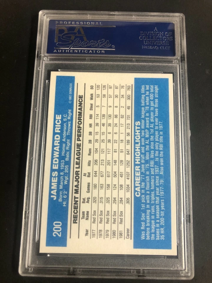 Jim Rice 1982 Donruss Baseball Card #200 Graded PSA 10 GEM MT Red Sox HOF  - Image 2 of 2
