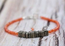 925 Sterling Silver, Glorious Square Pyrite+Orange Zircon Rondelle Bracelet 7