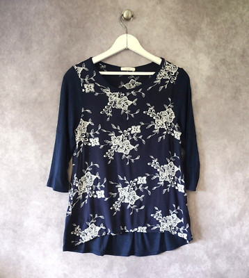 Anthropologie Le Lis Top Womens Medium Blue Embroidered  Boho Short Sleeve Pullo