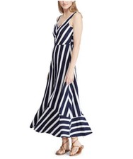 Chaps Women's Sleeveless Maxi Dress V Neck Size Medium Navy Blue White Striped