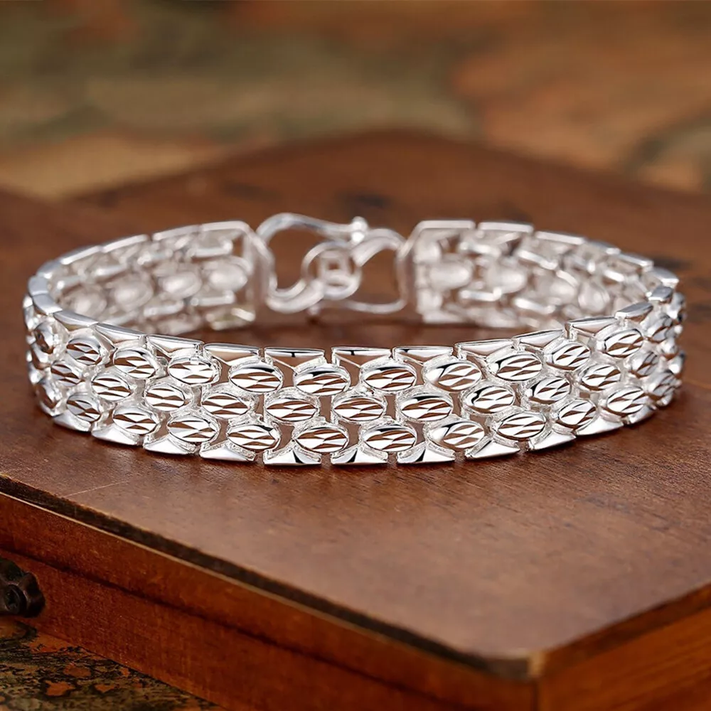 Real Solid 990 Sterling Silver Bracelet Width Chain Fashion Punk Jewelry 8.2