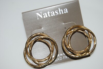 Natasha Elegant Couture Three  Gold Toned Metal Circles Pierced Post Earrings
