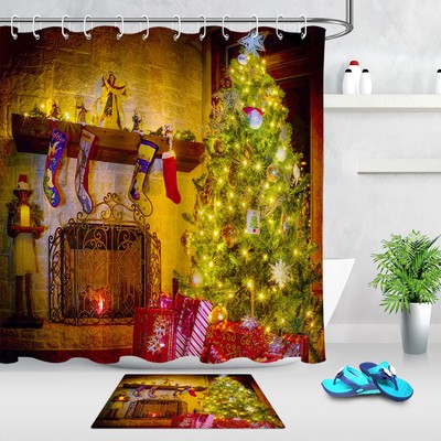 Xmas Tree Room Fireplace Stockings Bathroom Shower Curtain Set