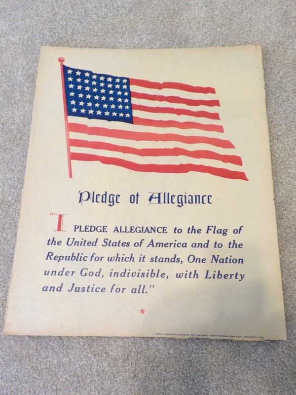 1950s THICK BOARD PLEDGE OF ALLEGIANCE AMERICAN 48 STAR FLAG CINCINNATI 4th BANK