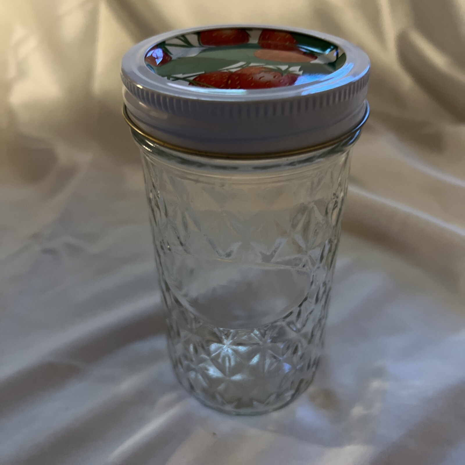 Vintage Ball Jar Quilted Crystal Jelly Glass Metal Strawberry Lid