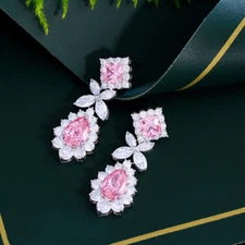 Women Beautiful Silver Plated Pink Cubic Zirconia Flower Leaf Long Drop Earrings
