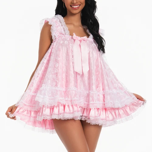 Satin Sissy Babydoll Ruffle Frilly Lace Nightie Negligee Cosplay Nightwear Dress