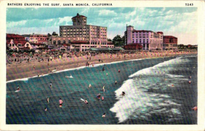 Postcard, Vintage, Bathers Enjoying the Surf, Santa Monica, California