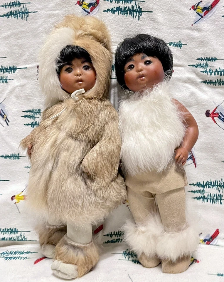 PAR DE MUÑECAS INUIT ADORABLES artistas bisque vintage hechas a mano vestidas de piel Foto 3 de 4