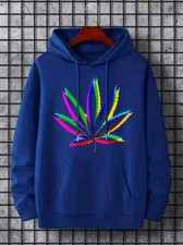 Men's Soft Comfy Hoodie - Royal Blue w/ Multicolor Cannabis Leaf Design - Large