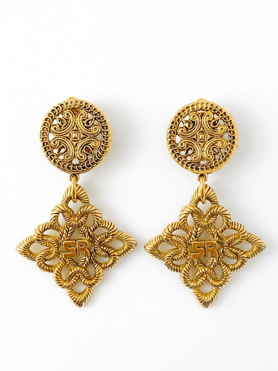 SONIA RYKIEL VINTAGE EARRINGS DANGLE DROP LOGO CLIP ON OPENWORK