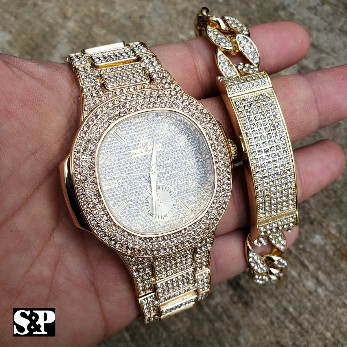 MEN S HIP HOP GOLD PT BLING LAB DIAMOND WATCH FULL ICED BRACELET COMBO SET
