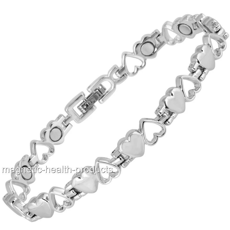 MAGNETIC HEALTH LADIES MAGNETIC HEALING BRACELET SILVER HEARTS BANGLE -ARTHRITIS PAIN RELIEF 9