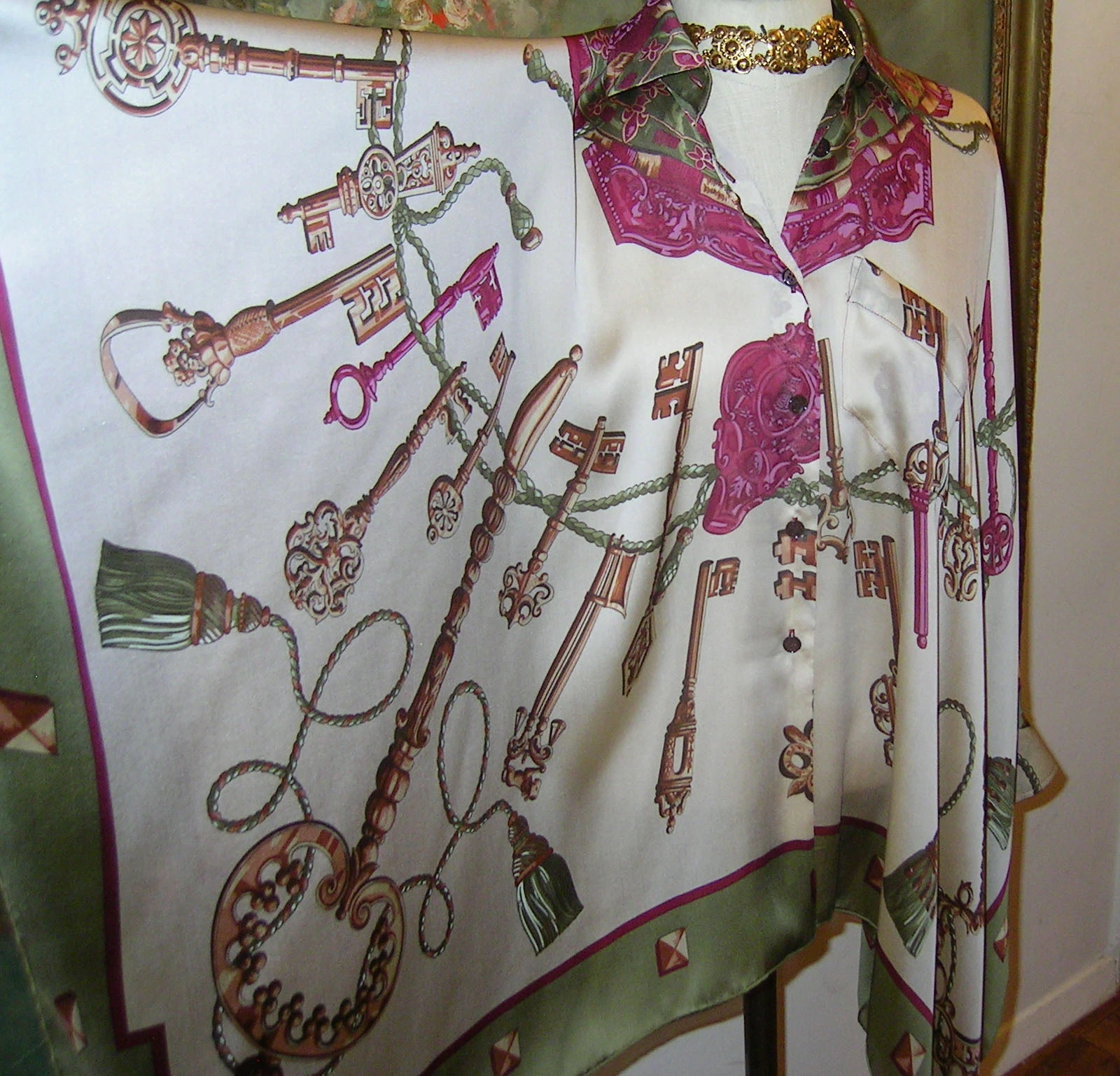 HERMÈS Camicia HERMES PARIS SCIARPA CAMICETTA POLSINO PELTRO MAGLIE top catena oro abito S M L NUOVO