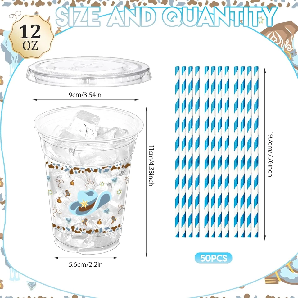 50 Piezas Tazas de Plástico Vaquero Occidental con Tapas y Pajitas, 12 OZ Azul Vaquero Fiesta Foto 2 de 4