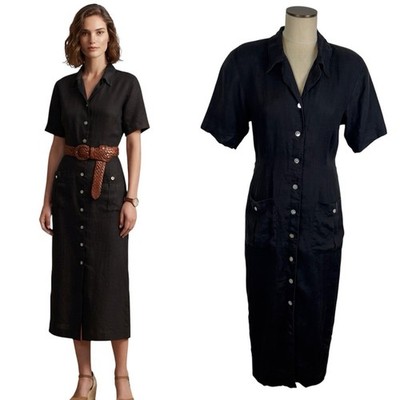VTG 80s 90s Annette Dean Black Irish Linen Midi Shirt Dress SZ M (Marked SZ 12)