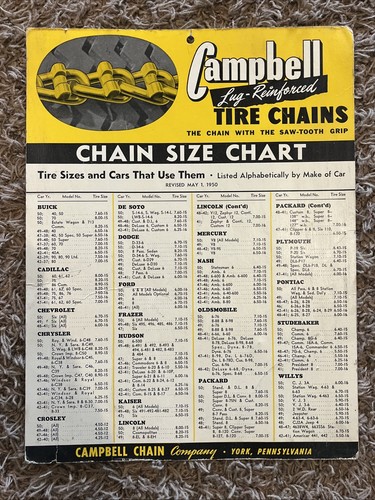 Insegna espositore tabella dimensioni pneumatici Campbell Chain Company vintage cartone 1950 - Foto 1 di 18