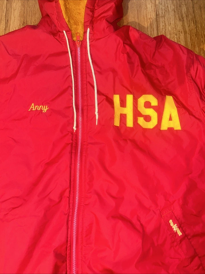 TruWest Swim Parka Mens Large Fleece Lined Full Zip Red Hooded Jacket USA MADE - Image 2 of 4