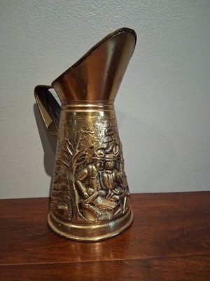 Vintage D.M.G. Brass Embossed Pub Scene Pitcher, Made in England Used Condition 