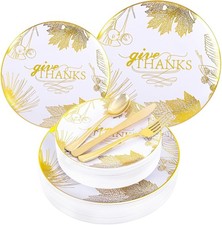125PCS Thanksgiving Plastic Plates - Gold  Dinnerware Sets - Thanksgiving M