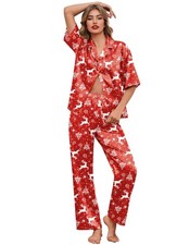 Silk Satin Pajamas Set Women Short Sleeve Pj Sets Button Down Sleepwear 2 Pie...