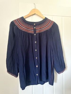 White Stuff Navy Blue Embroidered Boho Blouse Smock Top 3/4 Sleeve Viscose UK 12