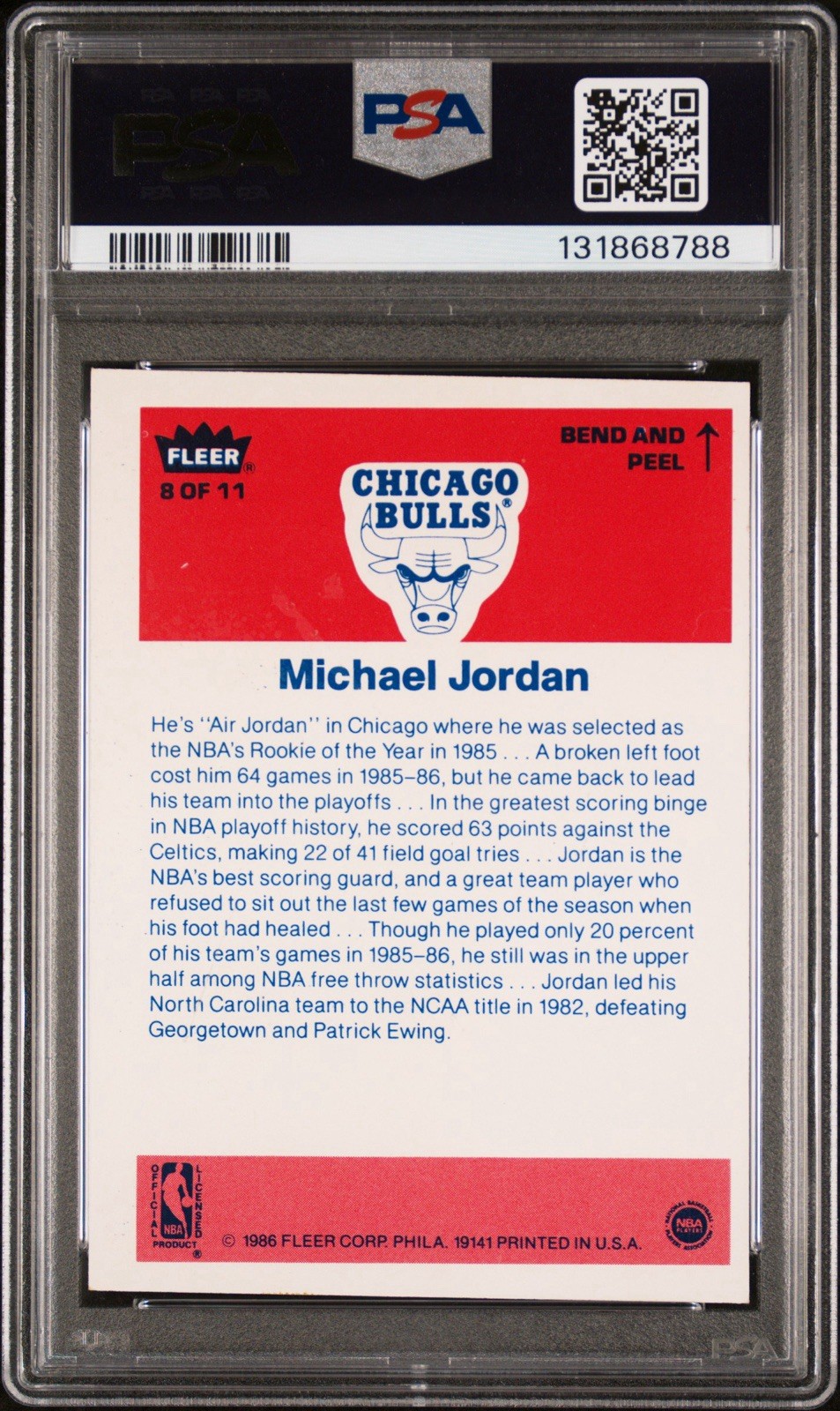 Fleer 1986-87 Michael Jordan Sticker Rookie #8 PSA AUTHENTIC Chicago Bulls HOF view 2