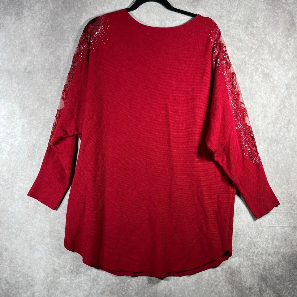 Top Tahari para mujer 1X rojo tejido adornado manga larga túnica informal carrera oficina Foto 3 de 4