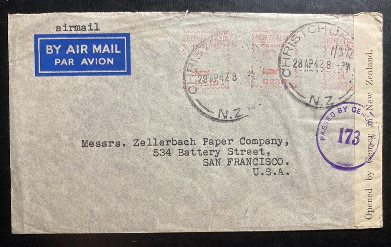 1942 Christchurch New Zealand Meter Cancel Censored Cover To San Francisco USA