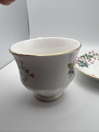 Vintage Queen Anne Bone China Tea Cup and Saucer Pink Floral Green & Blue Stems - Picture 5 of 9