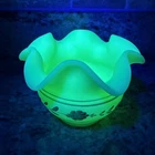 Vtg Fenton Satin Custard Uranium Glass Ruffled Vase Blue Garland Pattern Signed