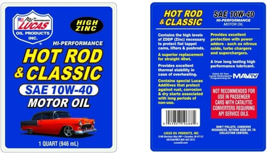 Motor Oil SAE 10W-40 Car 6 Quart Pack Classic Hot Rod Automotive