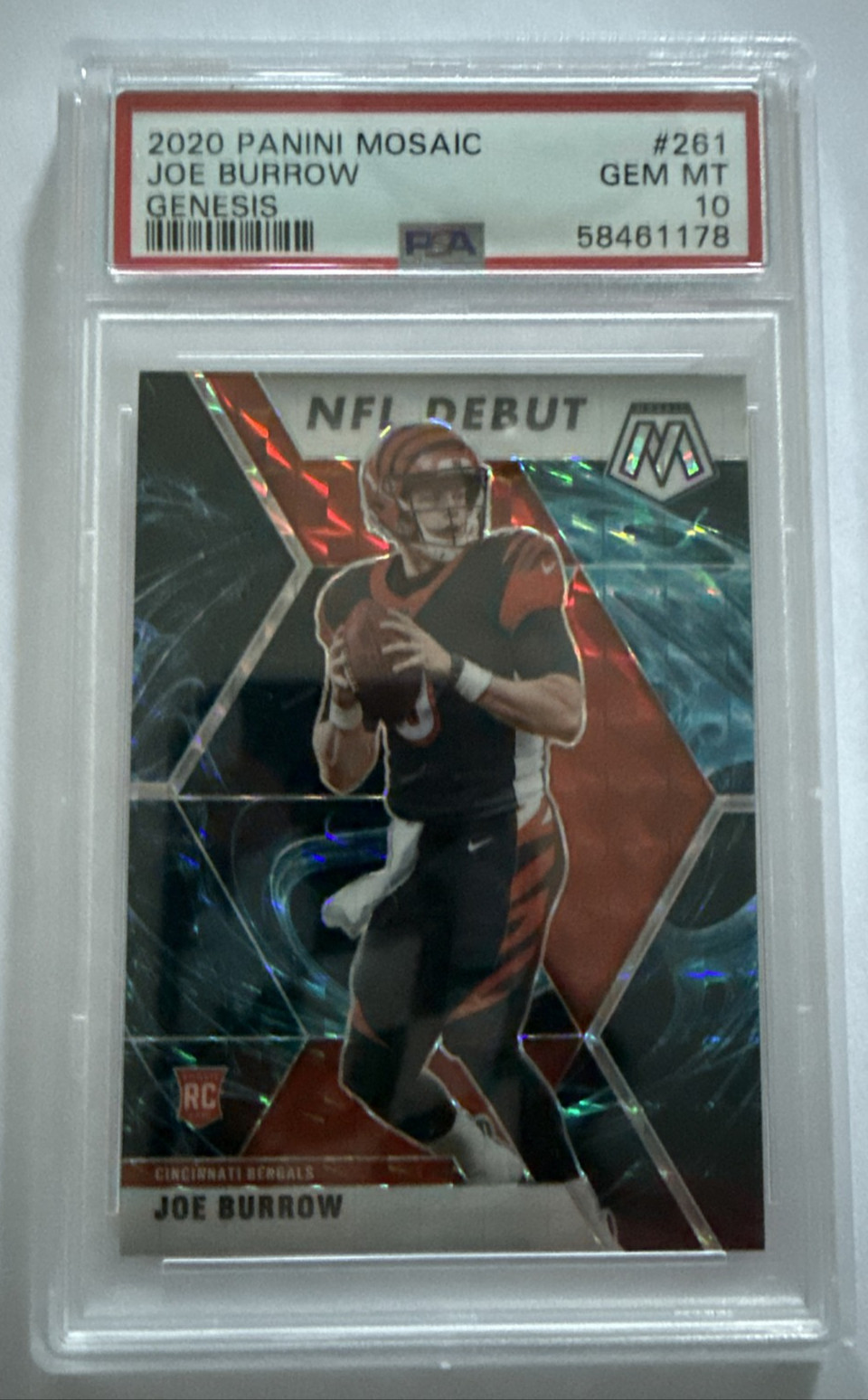 2020 Panini Mosaic - NFL Debut Joe Burrow #261 Genesis Mosaic Prizm (RC) PSA 10