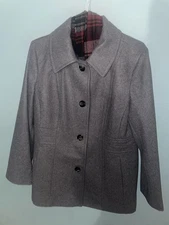 London Fog Car Coat Womens XL Gray Wool Blend Button Front Plaid Scarf Lined