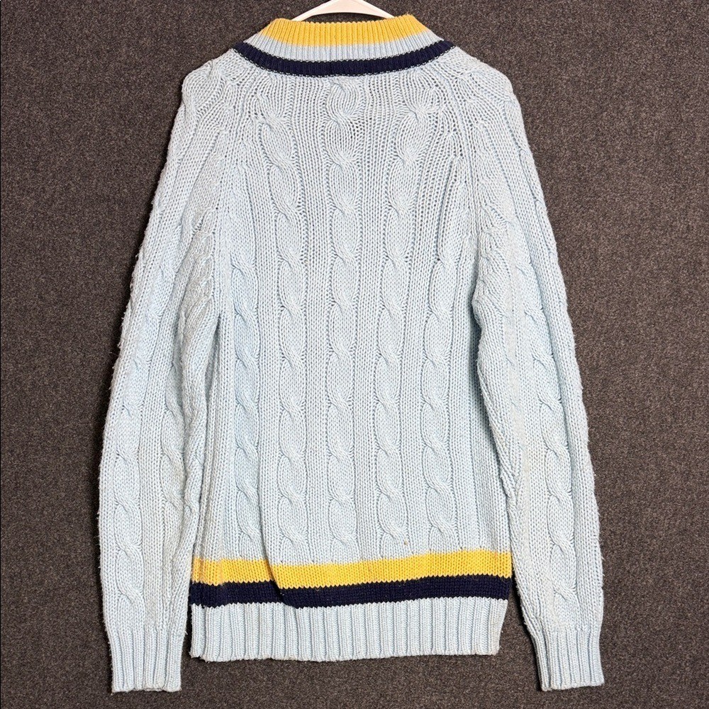 1970s Izod Lacoste Pastel Blue  V-Neck Sweater with Yellow and Navy Trim Large thumbnail 11