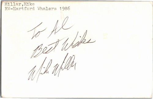 1980's -Mike Millar- Signed/Autograph/Auto Postcard Hartford Whalers NHL