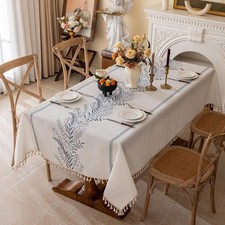 Rustic Waterproof Linen Tablecloth - Heavyweight Fern Embroidery, Farmhouse Spil
