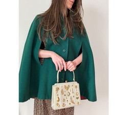 Vintage 1960s Young Pendleton Green Virgin Wool Swing Cape Coat Cloak Mod Jacket