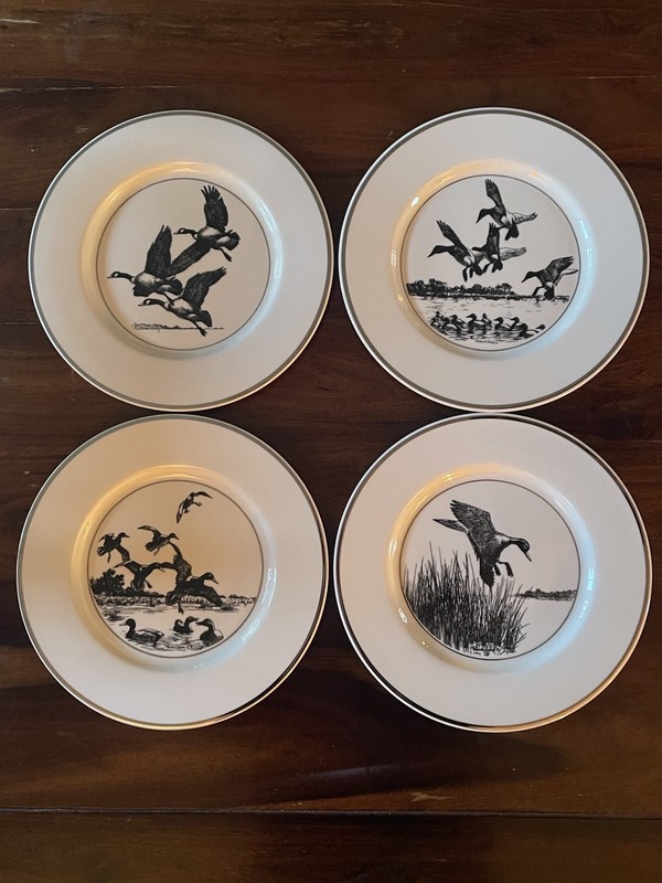 Vintage collectable set of 4 Silver rimmed, porcelain plates by R E Bishop