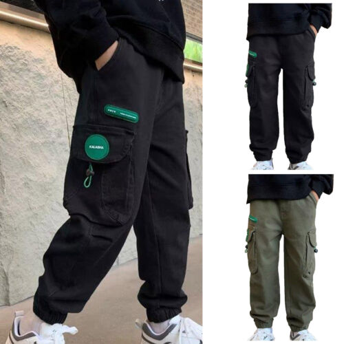 Kids Boys Trousers Elastic Waist Cargo Pants Street Sweatpants Casual Bottoms - Picture 2 of 32