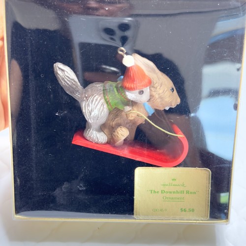 1979 Hallmark Christmas Ornament Rabbit Squirrel on Downhill Sled Vintage