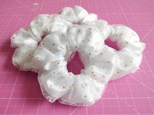 Handmade White Satin Scrunchies With Daisy Tulle Overlay, 1/2" and 1/4" Elastic