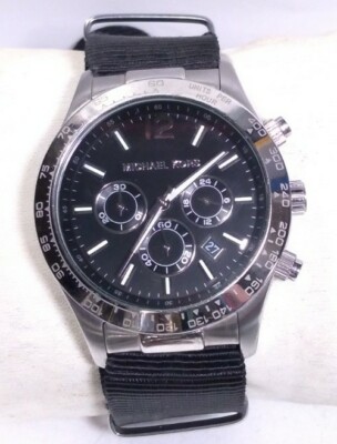 Men Michael Kors Watch Layton Mk8215 Silver Steel Case Chrono Black Zulu Band