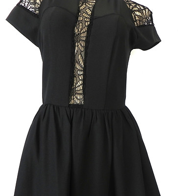 Xtaren Dress Mini Black Fit-Flared Lace Trim Petticoat Short Sleeve Size XS